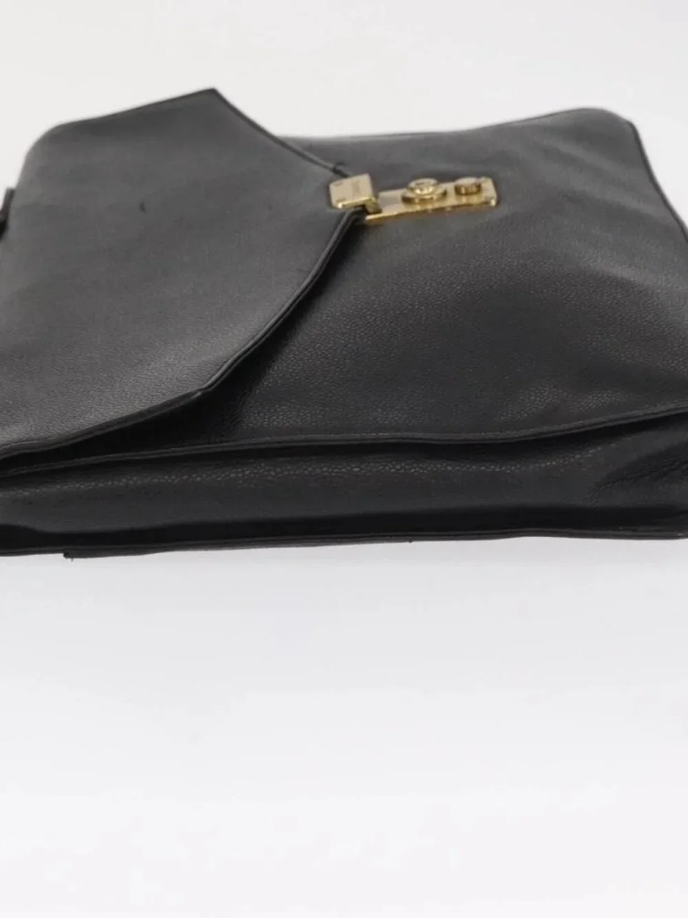 CHANEL Business Bag Grained Calf Skin Black Gold CC Auth 164528